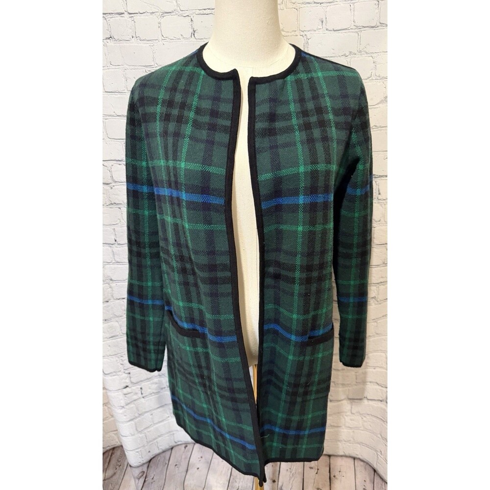 Talbots Lambs Wool Green & Blue Plaid Open Front Cardigan Size Small